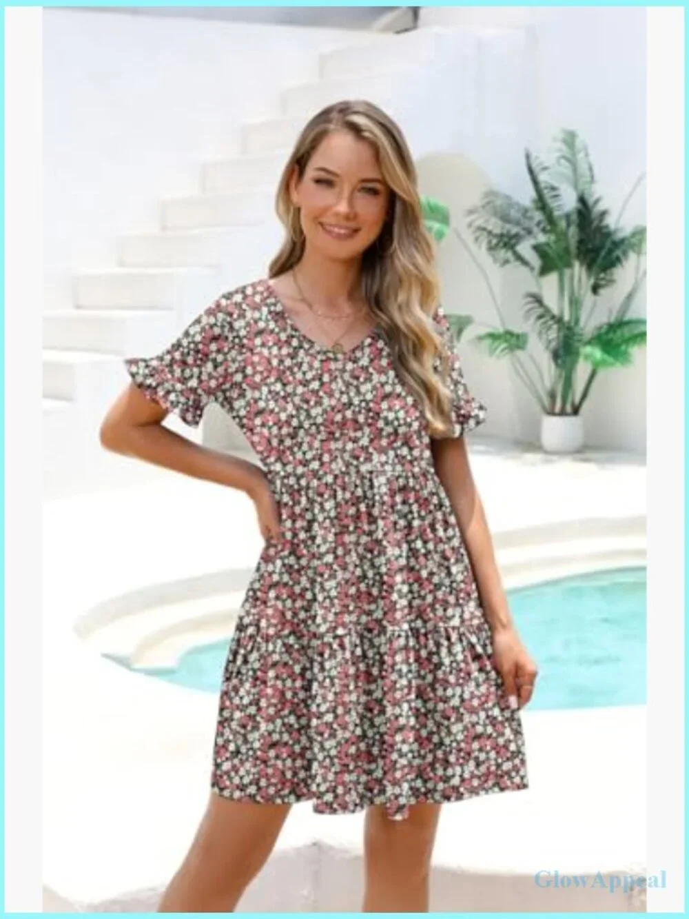 Loose V Neck Ruffle Tiered Flowy A Line Mini Beach Dress with Pockets - Picture 2 of 7